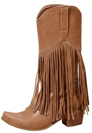 Emu Schuhe Damen Elegant Spitze Keilabsatz Fransenstiefel Bequem Gefüttert Breite Fuße Westernstiefel Winter Dicke Rutschfest Kurzstiefel Wasserdicht Slip on Hippiestiefel Gelb 35