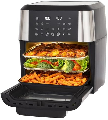 Heißluftfritteuse XXL 12L mit 2 Körben, Familien Luftfritteuse mit 2 Körben & Rotisserie, 360° Heißluft, LED-Touchscreen, 85% Öl gespart, 50% Energie gespart, Schwarz – Ihr vielseitiger Mini-Backofen