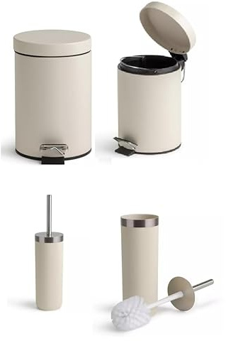 New 3 Litre Pedal Bin and Slimmest Toilet Brush, Made from Metal and Plastic, Gives Any Bathroom A Contemporary Feel, Comes With A Little Luxurious Touch, Supplied Fully Assembled - Cream.