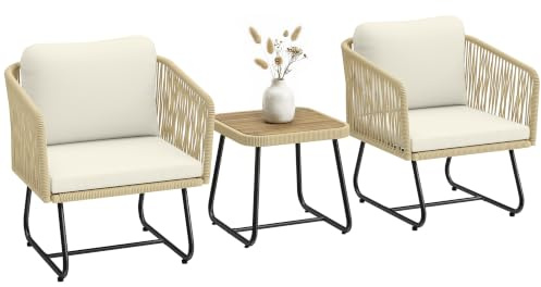 Outsunny Rattan Bistroset 3 Teiliges Akazienholz Stahlrahmen Cremeweiß | FSC Akazienholz Gartenmöbel-Set, 2 Sessel, Lamell-Tisch, Dicke Waschbare Kissen, Balkonmöbel-Set, Für Garten
