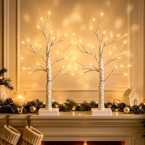 OLANRUN Christmas Decorations, 2Pcs Birch Twig Tree with Lights 48 Warm White LEDs, USB & Battery Operated 2FT White Small Christmas Tree Table Decorations for Home Indoor Office Mantel Windowsill