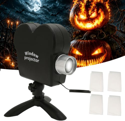 Halloween Window Projector Lights with Tripod & 4 x 6 ft Rear Projection Screen, 6 Halloween & Christmas Mini Movies, Horizontal/Vertical Holiday Projector for Home Window Party Decorations