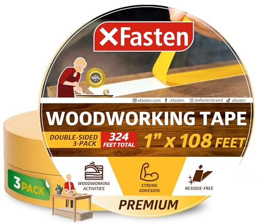 XFasten Double Sided Woodworking Tape 1 Inch x 108 Feet (3-Pack), Residue-Free Double Sided Tape for Wood Template, MDF, Edge Banding, Routing, Anchoring, Strong Adhesion but Removable