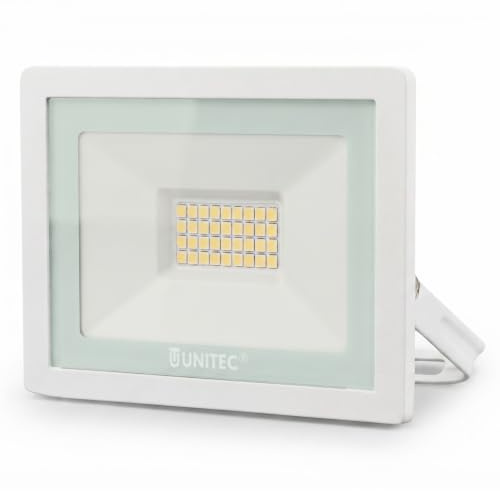 UNITEC LED Strahler für Außenbereich, 20 Watt, 1600 Lumen, 6500 Kelvin, weiß, IP65, Aluminiumdruckguss, Sicherheitsglas, inkl. Kabelanschluss mit Steckverbindung und Schnellmontagebügel