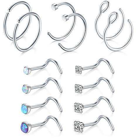 JFORYOU 14 Stück Edelstahl Nasenstecker Nasenpiercing Opalstein CZ Nasenring Hoop Spirale Stecker Piercing 20G 0,8mm 8mm Silber