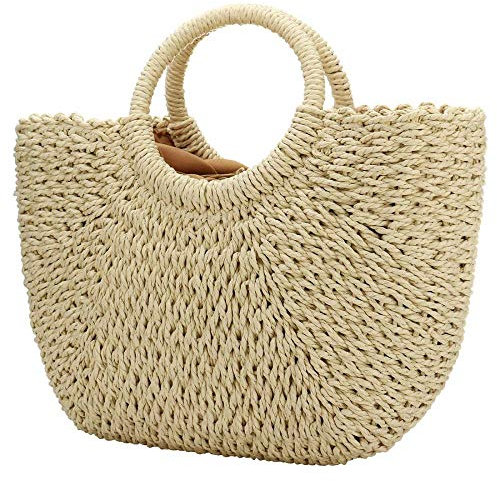 YYW Womens Straw Summer Beach Handbag Shopper Basket Casual Handle Bag Tote for Travel Shopping and Everyday Use (Beige)