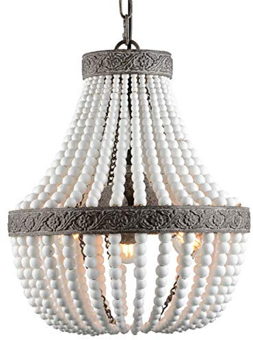 Bohemia Lámpara de araña de madera con cuentas de estilo rústico antiguo con acabado blanco para dormitorio, cocina, habitación de 3 luces