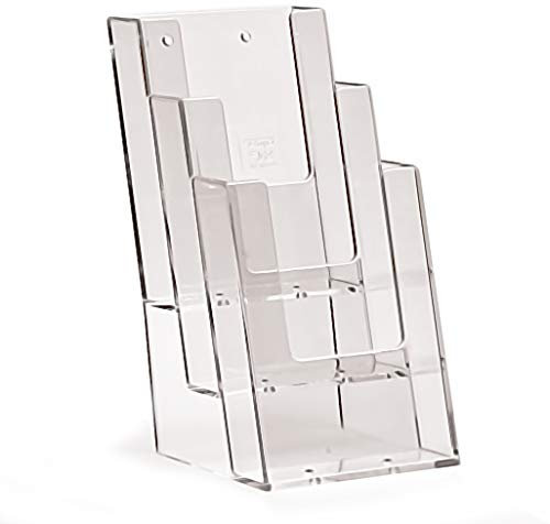 4 Stück taymar Tisch-Prospekthalter, Flyerständer mit 3 Fächern, Fülltiefe 30 mm, glasklar, A4 gedrittelt (99×210mm), transparent