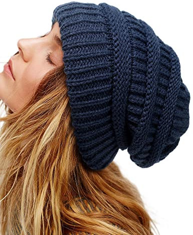 Wintermütze für Damen, Satin-gefüttert, Zopfstrickmütze für Herren, Seidenfutter, dicke Kappe, weich, lässig, warm, Marineblau, Einheitsgröße
