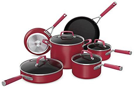 GC GAVENO CAVAILIA Ninja C29500 - Set da 10 pentole Foodi NeverStick Vivid, antiaderente, adatto al forno fino a 200 °C, con manici Cool-Touch, colore rosso cremisi, 10 pezzi
