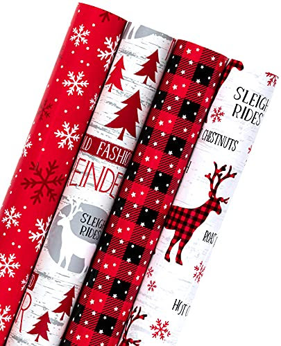 RUSPEPA Rouleau De Papier D'Emballage De Noël - Scènes De Forêt De Vacances Rustiques - Flocon De Neige, Plaid, Renne - 4 Rouleaux - 76 cm X 305 cm Par Rouleau