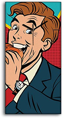 Coloray Uhr auf Leinwand - Schwarze Hände - Ohne Tickendes Geräusc Wand Uhr Kunst Dekoration Segeltuch Wohnzimmer - Photo Popart Mann isst einen Burger