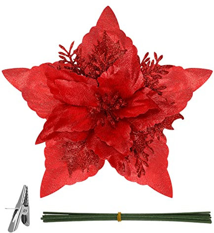 jojofuny 12 Stück Weihnachtsglitzer- Blumendekorationen mit Clips 7 Zoll Weihnachtsbaumschmuck Rote Weihnachtsstern- Kunstblumen Und Stielen für Weihnachten Valentinstag Hochzeit Neujahr