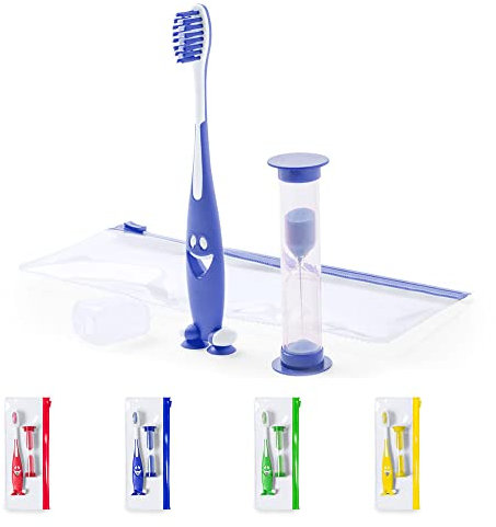 CEZARO - Set de brosse à dent bleu pour enfant : Une brosse amusante avec ventouse + Un sablier de 2 min + Une trousse de rangement (Fident bleu)