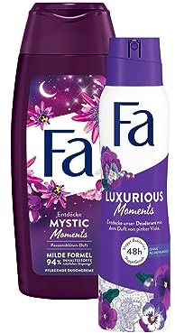 Fa Pflegendes Duschgel Mystic Moments mit dem edlen, verzaubernden Duft von Passionsblüten, 1x 250 ml & Fa Deospray Luxurious Moments, 1x 150ml