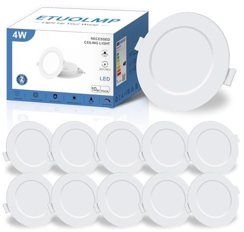 ETUOLMP LED Einbaustrahler 230V Flach 10er Set, 4W Deckenstrahler LED Spots, IP44 Deckenspots Led Einbauleuchten 350 Lumen Warmweiß 3000K, für Schlafzimmer Badezimmer Wohnzimmer Küche