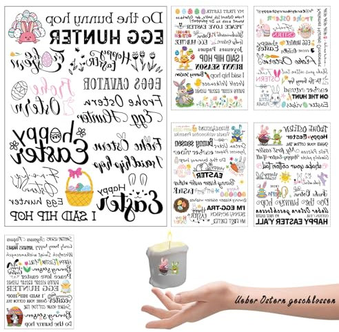 TKGEOUE 6 PCS Kerzentattoos Ostern,Kerzentattoos,Kerzenaufkleber sticker,Kerzensticker Kerzenfolie für Kerze Tasse DIY Geschenk, Kerzensticker Osterhase Sprüche Frohe Ostern Dekoration(Farbe)