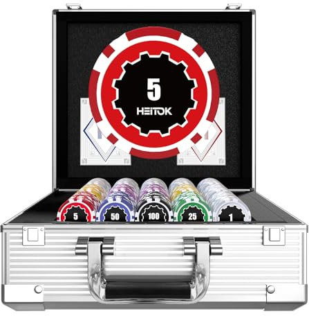 HEITOK Casino Poker Set with Numbered Chips 600-Piece for Card Board Game, 11.5 Gram with Playing Cards Waterproof for Texas Hold'em, Blackjack Gambling, Card Club or Late Night Poker Games