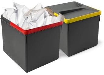 Avilia Kit de 2 cubos de basura de interior de 15 l – Cubo de basura diferenciado para cajones de 30 l, altura 266 mm con asa de color, apertura manual, plástico gris antracita