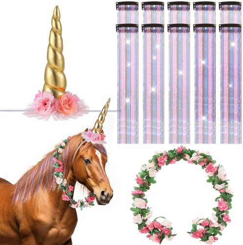 XunYee 12 Stück Pferde Kostüm Bling Zubehör Floral Spirale Horn 10 Mähne und Schwanz Clip in Haarverlängerungen Bling Pony Lametta Rose Blume Rebe für echtes Pferd Geburtstag Party Dekor