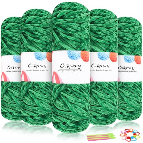 Coopay Samt Chenille Wolle zum Häkeln, 500g (5x100g) Velvet Chenillegarn, Dicke Wolle zum Stricken, Flauschige Weiche Samtig Chenillewolle mit Häkelzubehör für Schals, Decken - Fruchtgrün
