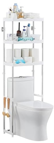 PORUGE Estantería Encima WC, Mueble Sobre Inodoro de 3 Niveles, Organizador de Baño Independiente de Metal, Ahorra Espacio, Fácil de Montar para Baño, Lavandería, Blanco