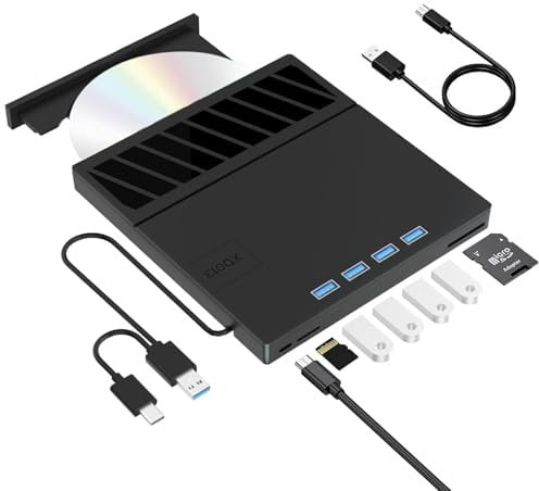 ZZOSRDR External CD DVD Drive, Type-C & USB 3.0 Portable Drive Reader DVD CD RW Writer Burner Player with SD/TF Slot & 4 USB Ports for Laptop, Desktop, PC, Mac, IOS, Windows 11/10/8/7/XP/Linux/Vista