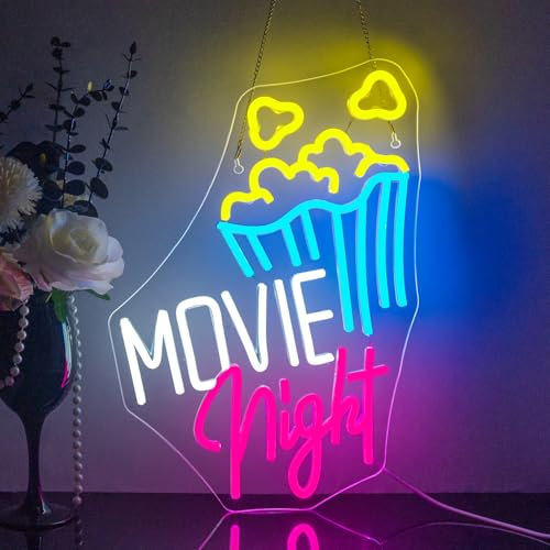 Looklight Movie Night Mit Popcorn Neonschild Kino-LED-Leuchtreklamen für Wanddekoration Filmzimmer-Leuchtreklame Filmzeit-Neonlicht dimmbare USB-Neonlichter für Filmzimmer Kino Party Geschäftsschilder