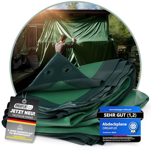 ORGAFLIX Premium Abdeckplane 4x5m wasserdicht & UV-beständig mit 5j. Garantie, Extrem reißfeste Plane mit 3-Fach verstärkten Ösen, Tarp, Gewebeplane vielseitig einsetzbar, Holz, Schutz, Camping