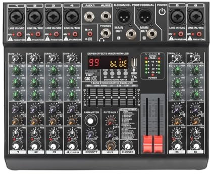Audio Mixer, DJ Controller Sound Mixer, 6 Channels Audio DJ Mixer Individual 48V 2 AUX Output Mixing Console 99 Effect USB Play Sound Mix Table, Ideal for Home Party and Karaoke