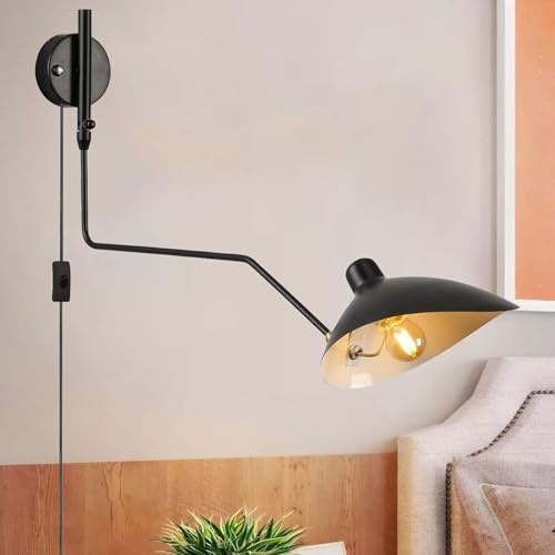 DESHOME Wandleuchte mit Schwenkarm Stecker Schwarz 65cm Industrial Vintage Wandlampe Innen Lange Wandleuchte Verstellbarer Arm mit Kabel und Schalter, für Wohnzimmer, Nachttisch, Arbeitszimmer