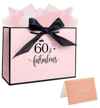 Nwvuop 11.0× 8.0× 4.0 Inches 60th Birthday Gift Bag for Women, 60th Pink Paper Gift Bag with Tissue Paper and Card