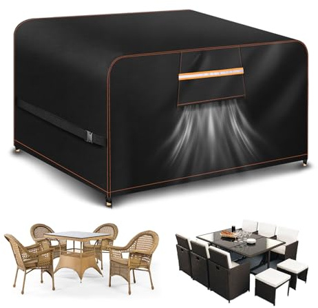 Aoretic Outdoor Garden Furniture Covers Waterproof 250x250x90CM Garden Table Cover Waterproof with Air Vent for Square Round Patio Bistro Set Rattan Sofa Chairs Outside Seating 420D Oxford Fabric