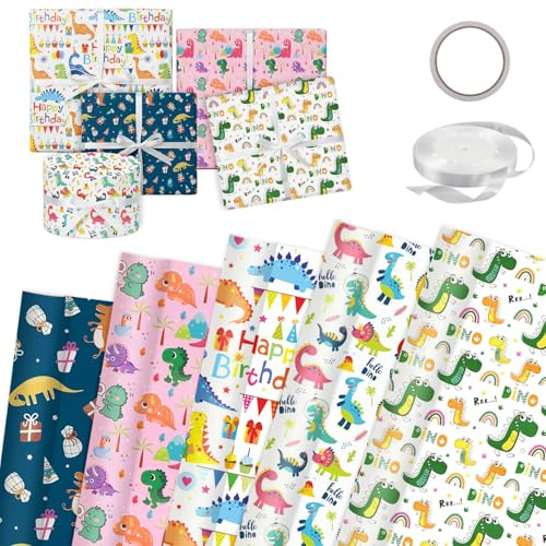 5 Blatt Dino Geschenkpapier Geburtstag 70x50cm Kunstdruckpapier Dinosaurier Geschenkverpackung mit Doppelseitigem Klebeband & Geschenkband Gift Wrapping Paper für Geschenke, Basteln, Party-Deko