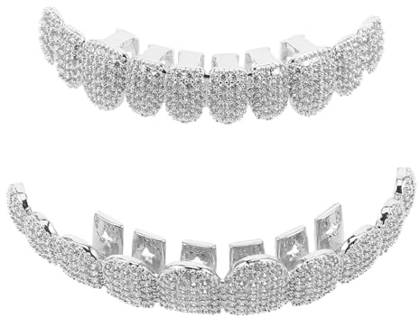 COLLBATH Silberne Strass Zahngrills Vollverzierte Hip Hop Mundgrills für Damen Herren Cosplay Schmuckparty Zubehör