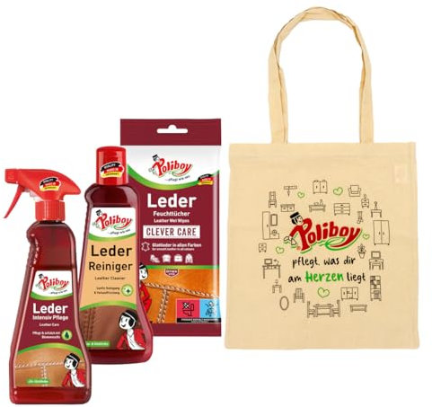 Poliboy - 4-teiliges Leder Intensiv Pflege Set - 1x Leder Intensiv Pflege (375 ml) - 1x Leder Reiniger (200 ml) und 1x Leder Pflege Feuchttücher (20 Stück) - mit Tasche - Made in Germany