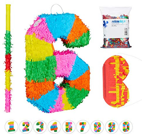Relaxdays 4 TLG. Pinata Set Geburtstag Zahl 6, XXL Konfetti Sack, Pinatastab mit Augenmaske, Geburtstagspinata, Stock & Maske, bunt