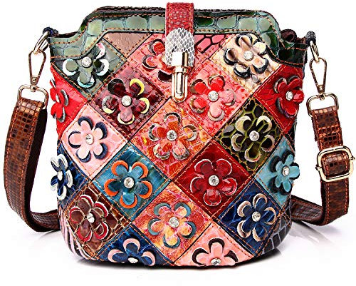 Segater Mehrfarbig Floral Rind Leder-Umhängetasche für Damen, Vintage Rindsleder Handtasche Blumenmuster 3D Schultertaschen Reisetasche mit Patchwork bunte Geldbörsen Henkeltaschen