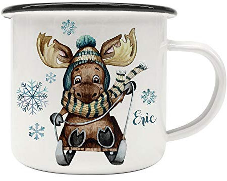 ilka parey wandtattoo-welt Emaille Becher Camping Tasse Winter Elch Schlitten & Name Wunschname Kaffeetasse Weihnachten Geschenk Weihnachtsmotiv eb477