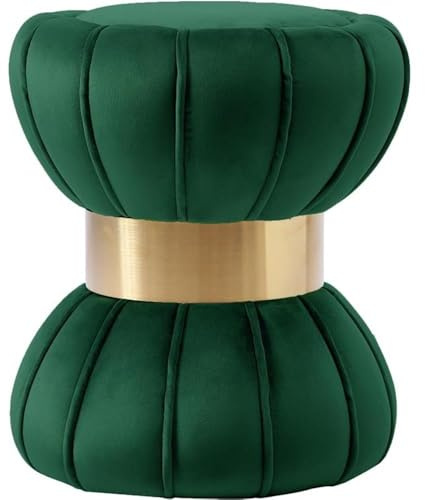 Meridian Furniture Vino Collection Modern | Contemporary Velvet Upholstered Hourglass Shaped Ottoman/Stool with Gold Finished Stainless Steel Band, 15.5 W x 15.5 D x 17 H, Green