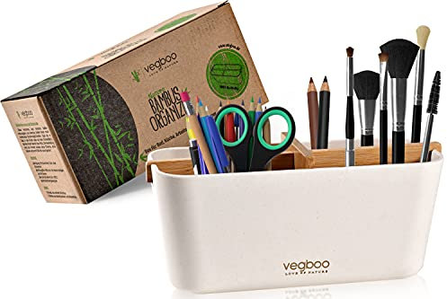 vegboo® Organizer - Bambus Aufbewahrungsbox mit 4 Fächer - Schicke Aufbewahrung als Bad Organizer, Schreibtisch Stiftehalter oder Schminktisch Organizer - Plastikfreie Ordnungsbox in Weiß