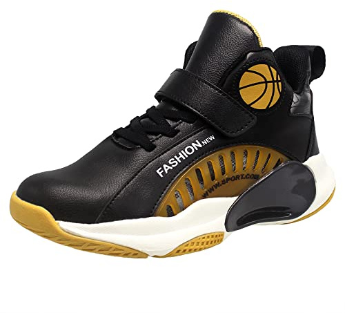 HSNA Basketball Shoes for Children, Boys' Sports Shoes, Black Gold, 12 UK Child