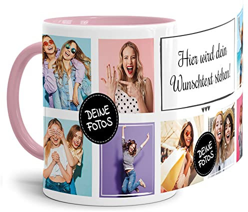 Foto-Tasse selbst gestalten mit Text & Collage für 8 Fotos - Geschenk für Familie, Freunde, Geburtstag, Weihnachten - Keramik Innen & Henkel Rosa, 300 ml I Personalisiert