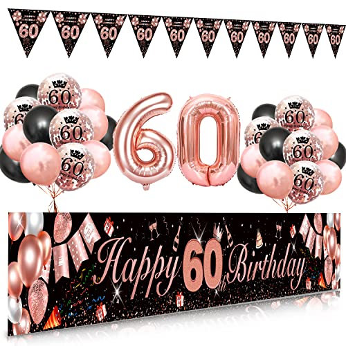 60 Geburtstag Dekoration Frau, SWPEED Extra Lange Happy Birthday Banner Girlande Wimpel (9*1.21 Füße), 60. Geburtstag Deko Banner Hintergrund und Schwarz Rosegold Luftballons Konfetti Luftballons