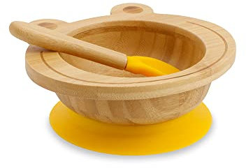 BIOZOYG Juego de bols de bambú rana I Bol con ventosa y cuchara - certificado FSC I bol de madera de bambú p. niños - bol de papilla y de cereales para bebés I vajilla de bambú para bebés amarillo