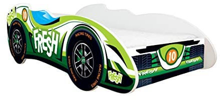 Topbeds Autobett, Auto-Bett, Kinderbett mit Rausfallschutz, Jugendbett, Babybett mit Lattenrost für Jungen & Mädchen, F1 (Fresh Car, 160x80 cm)