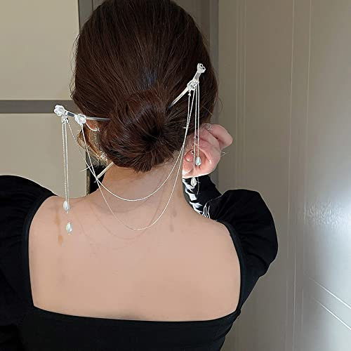 qbodp Silver Hair Sticks Dangle,Pearl Tassel Chain Hair Chopsticks Elegant Hair Pins Stick Chinese Classical Double Chopsticks Hair Accessories for Thick Hair