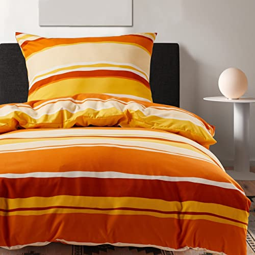 HENGWEI Bettwäsche 200x200cm 2teilig Set Extraweiches Bettwäsche-Sets für Einzelbett Hochwertiges Microfaser Bettbezug mit Kissenbezug 80x80cm, Gelbe Orange Streifen