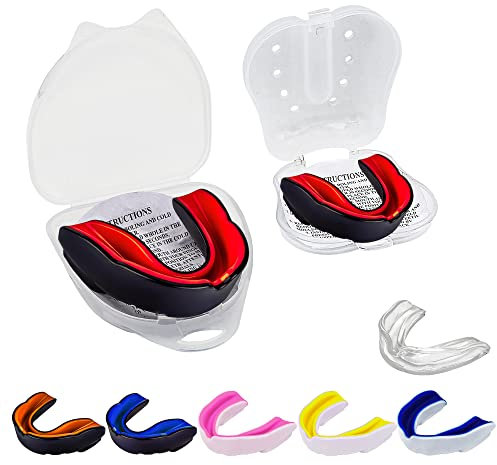 Doppelschichtiger Mundschutz – Mundschutz, schmale Passform für Junior, Kinder, Jugendliche mit Tasche Schule Kampfsport Rugby Fußball Hockey Boxen Basketball (Snr+12- schwarz-rot)