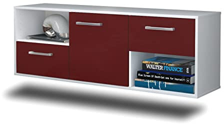 TV-Board Lowboard Louisville, Wandmontiert, Korpus in Weiss matt, Front im trendigem Rot, Bordeaux (136x47x35cm), mit Metall Griffen, Made in Germany